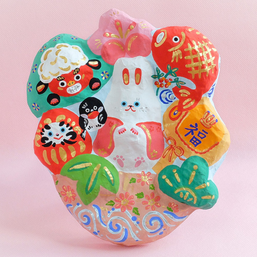 張り子 宝船-福卯と縁起物盛りだくさん-(御獅子・鷽) その他置物