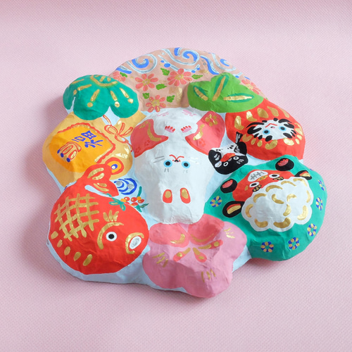 張り子 宝船-福卯と縁起物盛りだくさん-(御獅子・鷽) その他置物