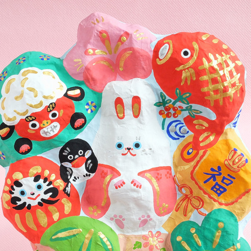 張り子 宝船-福卯と縁起物盛りだくさん-(御獅子・鷽) その他置物