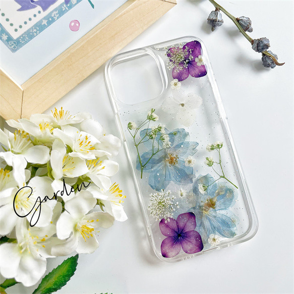 紫陽花押し花スマホケース*全機種対応*ストラップホルダ一*手帳型*iFace風*iPhone15 iPhone15Pro 2枚目の画像