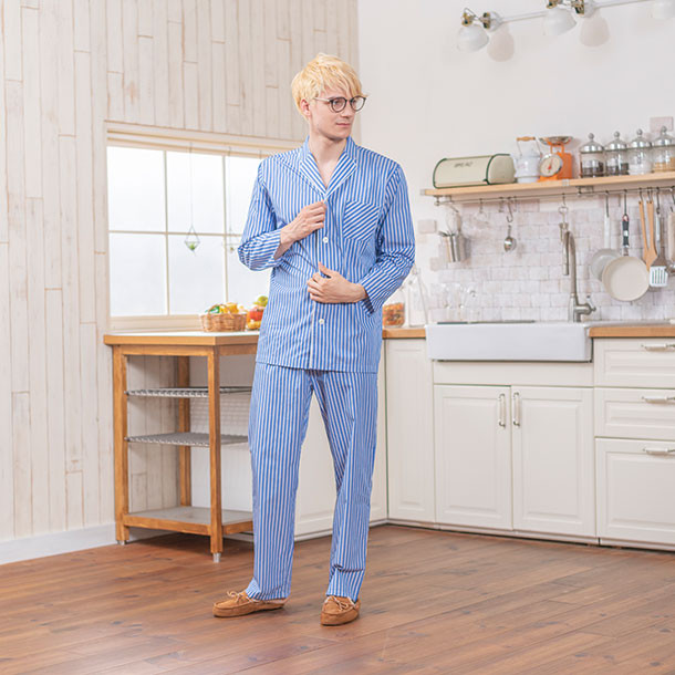 【つるりとした肌触り】日本製  パジャマ メンズ nete  ブロード ブルーストライプ柄 長袖長パンツ ギフト 9,768円