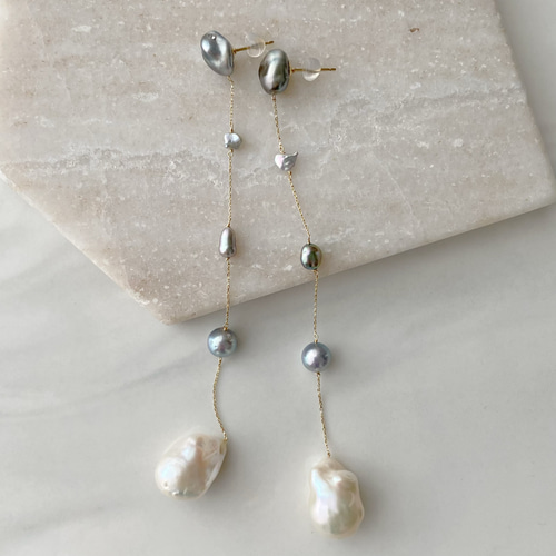 一点もの アコヤ タヒチ バロックパール ロング ピアス イヤリング  