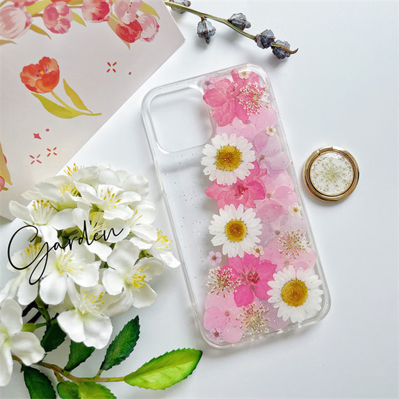 紫陽花千鳥草押し花スマホケース*全機種対応*ストラップホルダ一*手帳型*iPhone14 iPhone14Pro 2枚目の画像