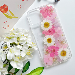 紫陽花千鳥草押し花スマホケース*全機種対応*ストラップホルダ一*手帳型*iPhone14 iPhone14Pro 3枚目の画像