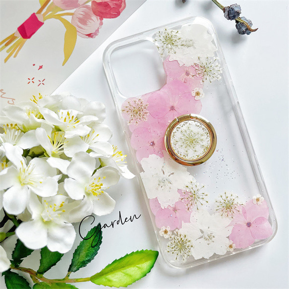 紫陽花千鳥草押し花スマホケース*全機種対応*ストラップホルダ一*手帳型*iPhone14 iPhone14Pro 2枚目の画像