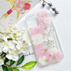 紫陽花千鳥草押し花スマホケース*全機種対応*ストラップホルダ一*手帳型*iPhone14 iPhone14Pro 3枚目の画像