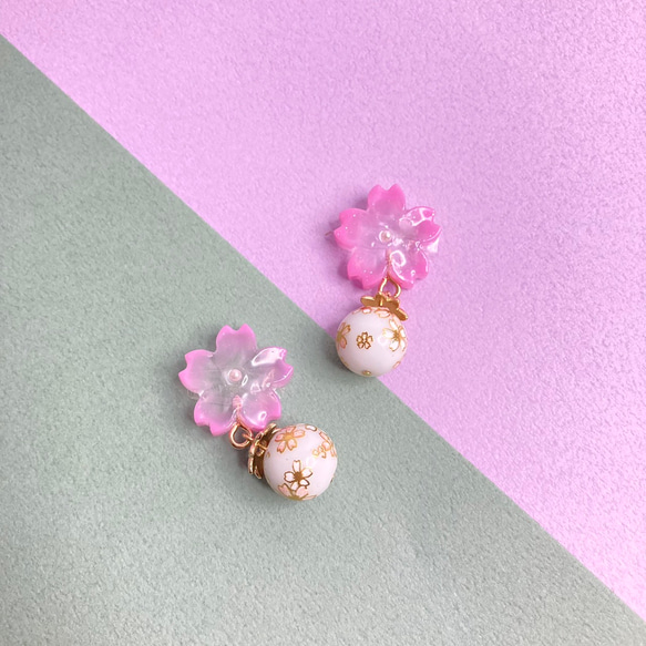 【 ピアス or イヤリング 】 レジン 和風 桜 和 ピンク 花 フラワー 和服 1枚目の画像