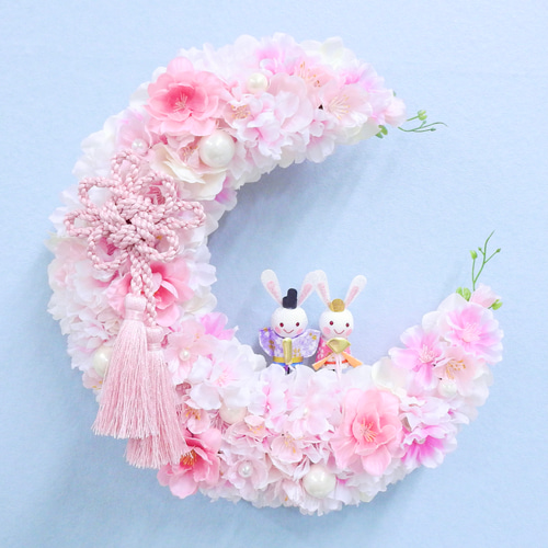 特集掲載 再販15＊満開の桜・桃の花 三日月リース うさぎ (お雛様