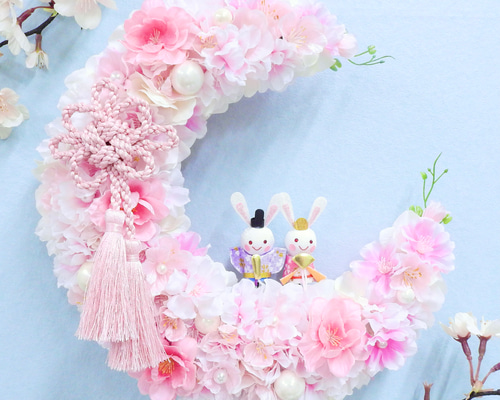 特集掲載 再販10＊満開の桜・桃の花 三日月リース うさぎ (お雛様