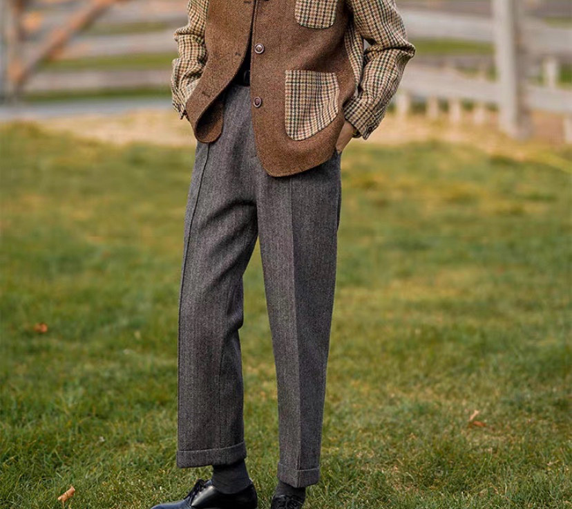 【再販】通勤にも◎ウール混ヘリンボーン柄　ロングパンツ【春秋冬】