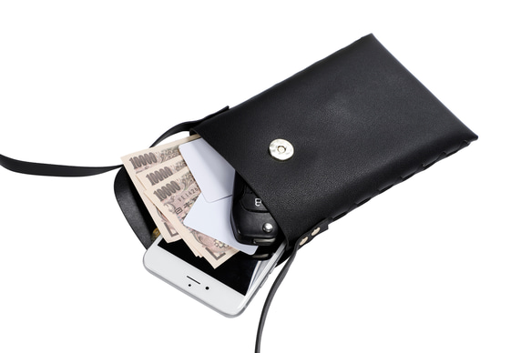 サイド編み上げデザイン シンプル レザー調 スマホポシェット スマホショルダー 3色展開 4枚目の画像