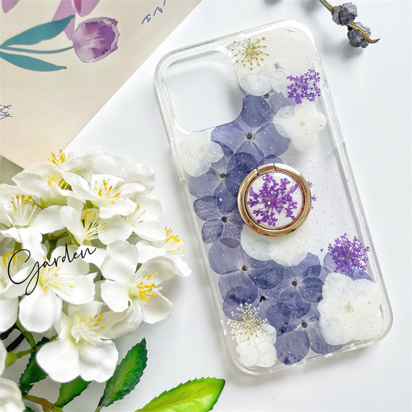 紫陽花、押し花スマホケース[全機種対応][ 手帳型][ iFace風]【 iPhone15】【 iPhone15Pro】 2枚目の画像