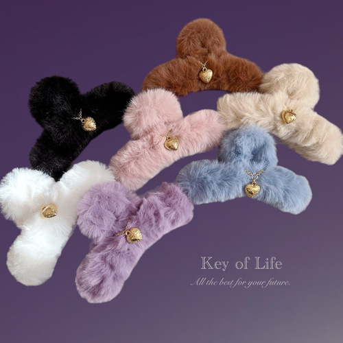 Key of Life☆両面チャーム付き☆ピンクファー バンスクリップ/ヘア