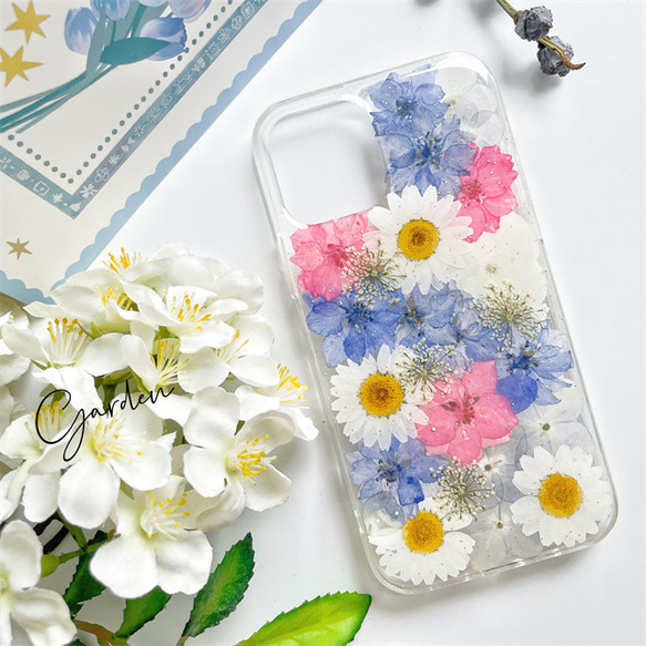 紫陽花千鳥草押し花スマホケース*全機種対応*ストラップホルダ一*手帳型*iPhone14 iPhone14Pro 4枚目の画像