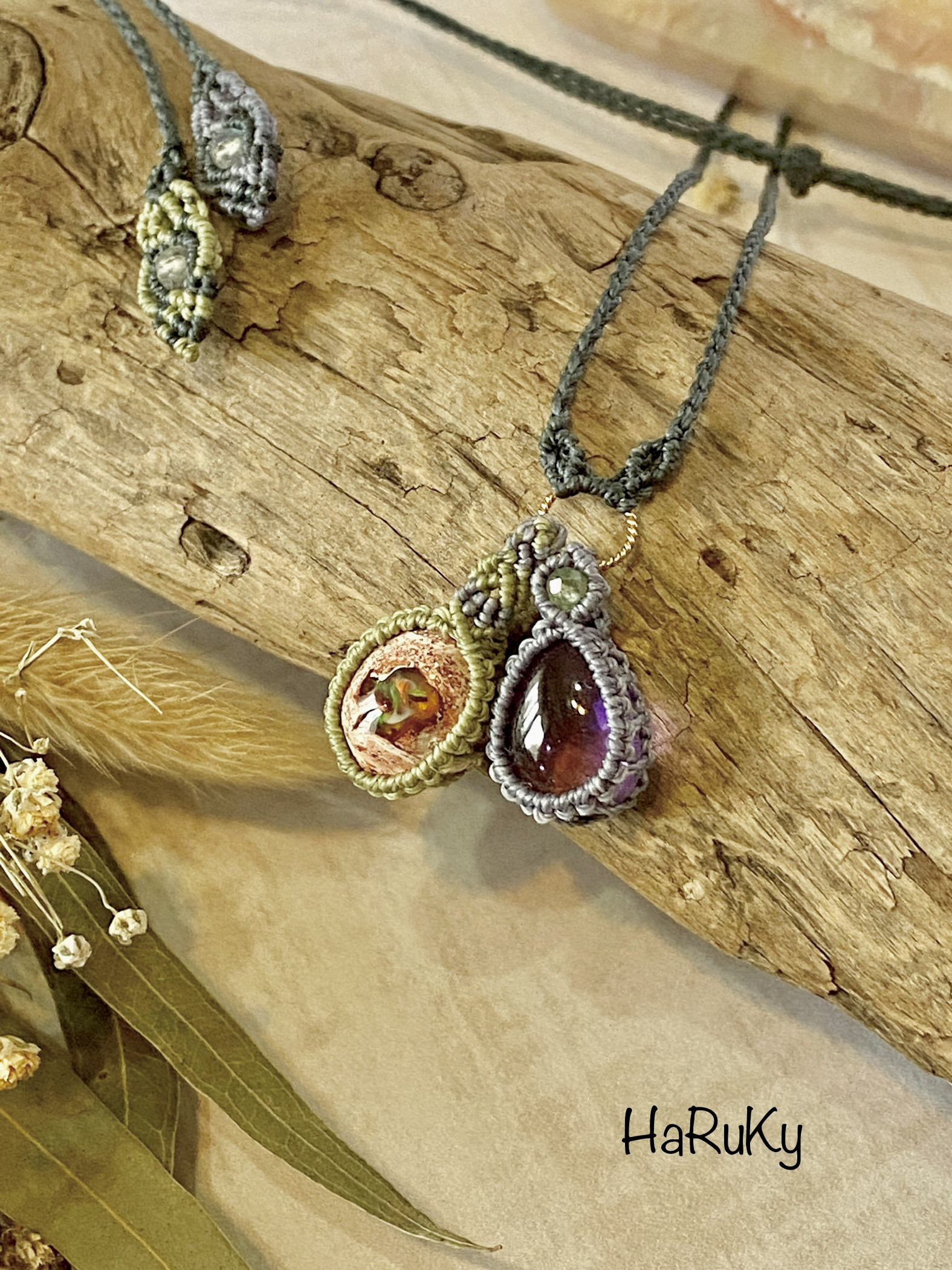 ♢Wペンダントトップ01♢カンテラオパール&アメジスト マクラメペンダントネックレス 天然石 14kfg