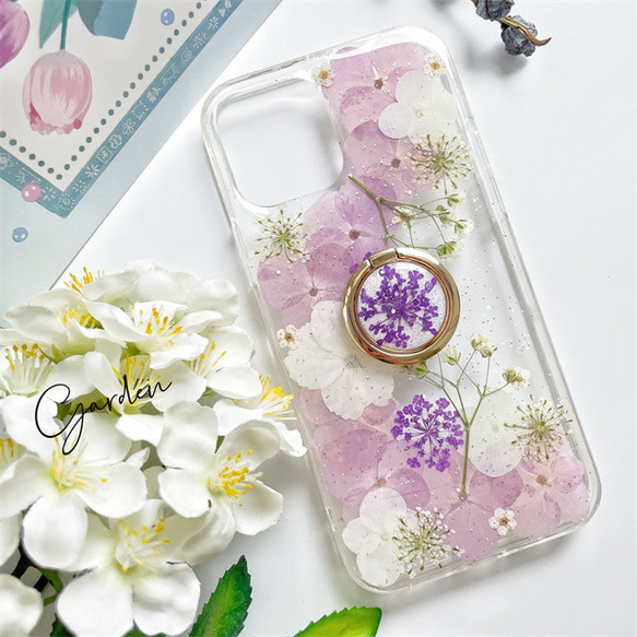 紫陽花押し花スマホケース*全機種対応*手帳型*iFace風*iPhone15 iPhone15Pro iPhone14 2枚目の画像