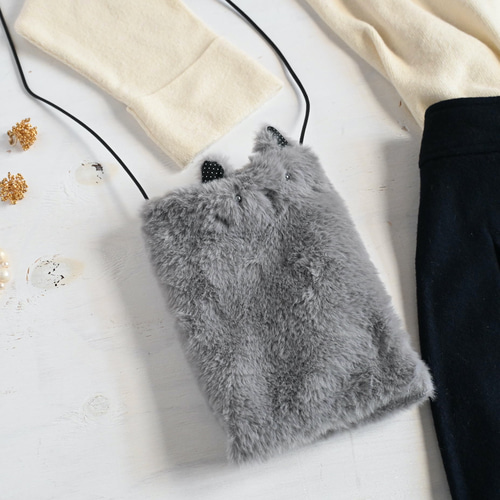 ねこちゃん ファーポシェット ファーサコッシュ（グレー） ポシェット
