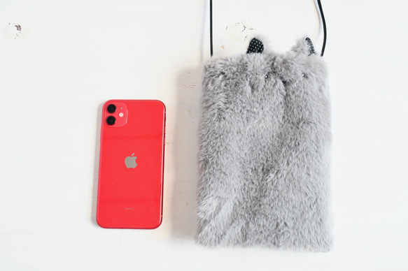 ねこちゃん　ファーポシェット　ファーサコッシュ（グレー） 3枚目の画像