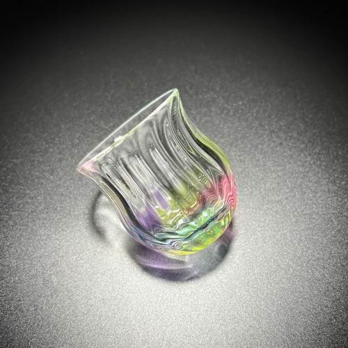 酒器セット】 虹色に映る 片口 1点・ぐい呑み 2点 吹きガラス