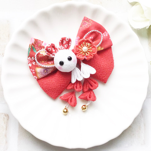 送料無料】うさぎさんとお花のりぼん髪飾り 紅 3段2連 【受注制作 
