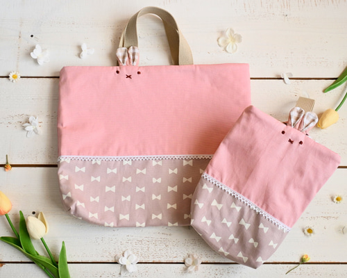 受注制作〈サイズ変更可〉リボン×レースのうさちゃんレッスンバッグ