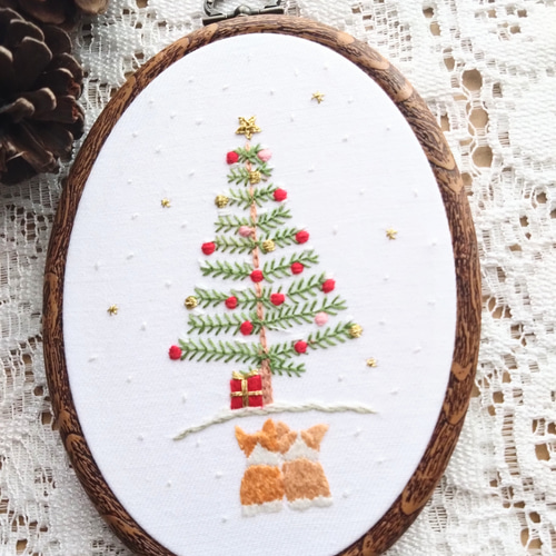 クリスマスツリーとコーギーの刺繍フレーム フォトフレーム