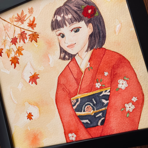 着物ともみじと女の子〜透明水彩原画スクエアサイズ 絵画 Cozy
