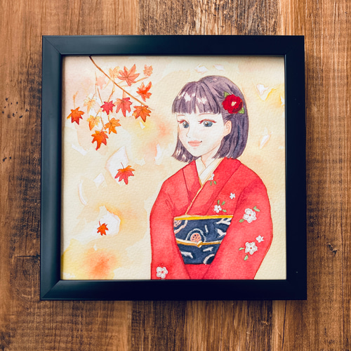 着物ともみじと女の子〜透明水彩原画スクエアサイズ 絵画 Cozy