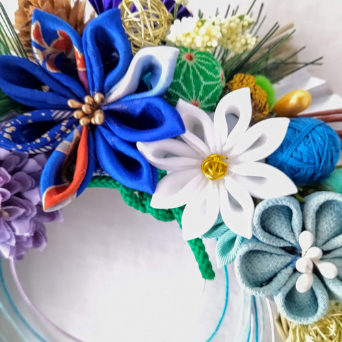 2023お正月 つまみ細工の可愛いお正月飾り23 可愛いしめ縄 ブルー