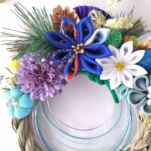 2023お正月 つまみ細工の可愛いお正月飾り23 可愛いしめ縄 ブルー