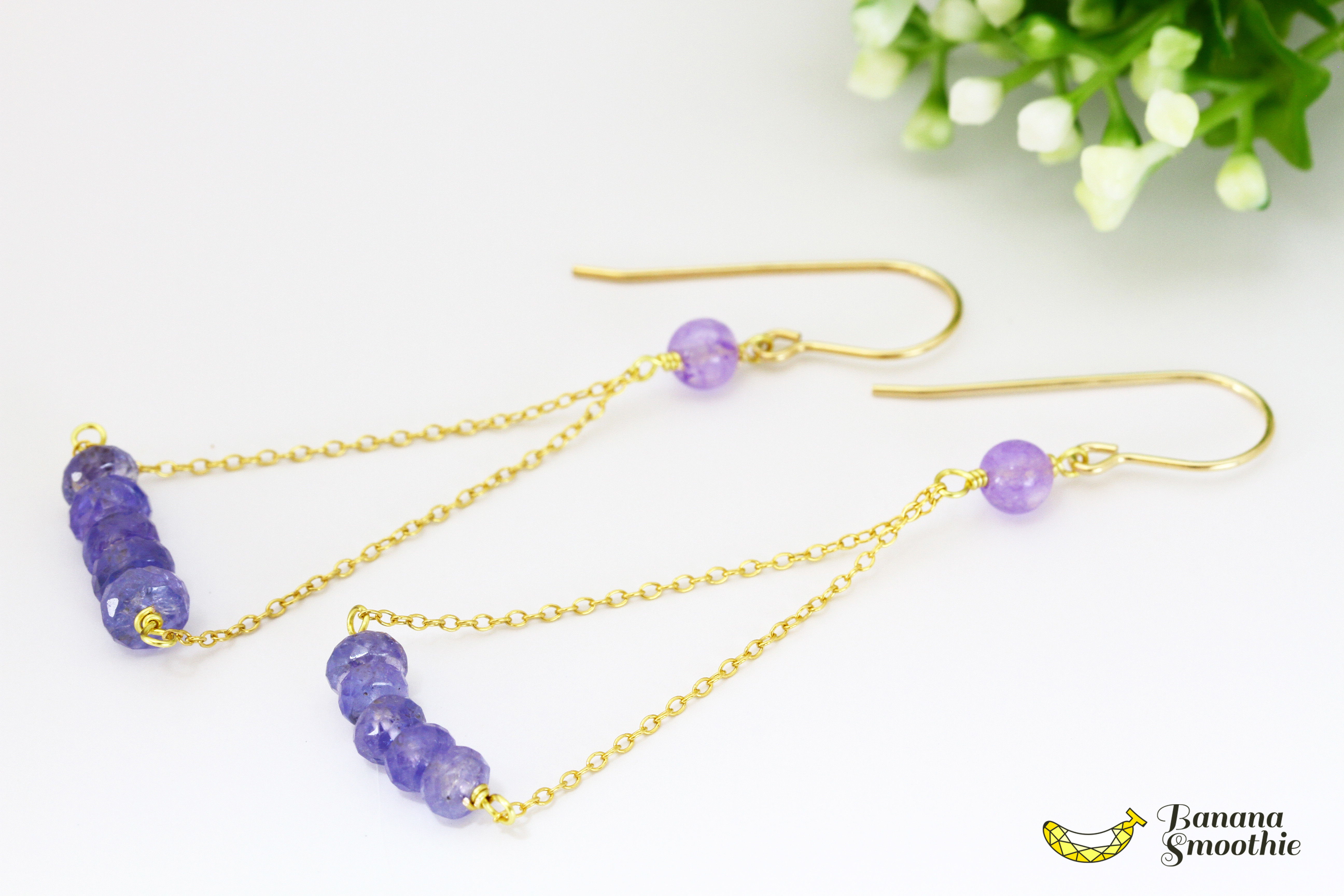 神秘的なパープルカラー タンザナイト チェーンで繋げたロングピアス 14kgf 12月誕生石