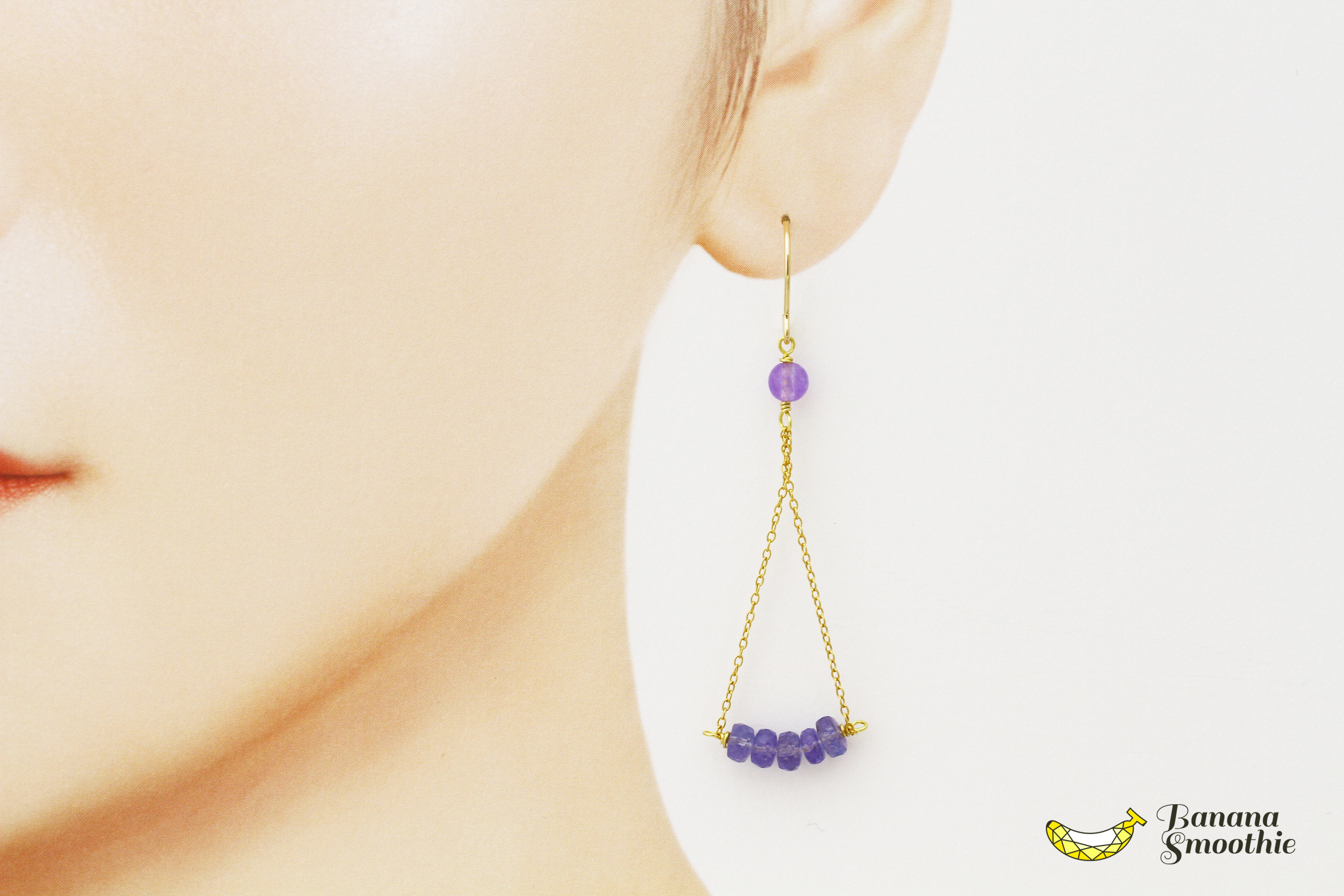 神秘的なパープルカラー タンザナイト チェーンで繋げたロングピアス 14kgf 12月誕生石