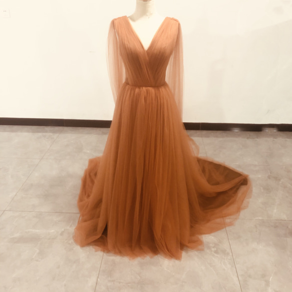 人気上昇！カラードレス テラコッタ色 Vネック ドレス ソフト