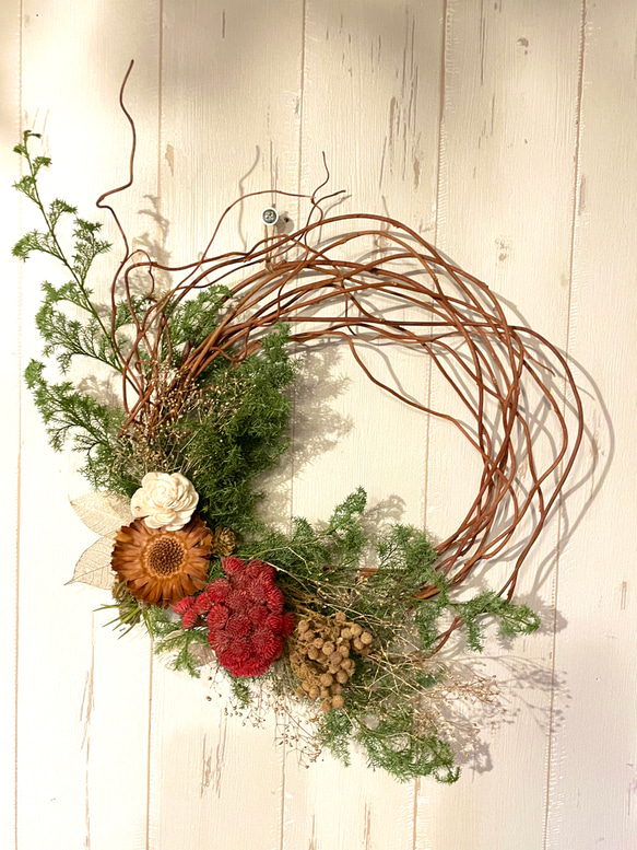 クリスマスリース 2022 赤つるの動きのあるリース 大人色 オリジナル