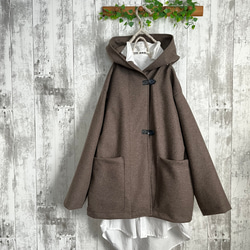 なめらかブラウンニットウール混フード付きハーフコート コート Kym