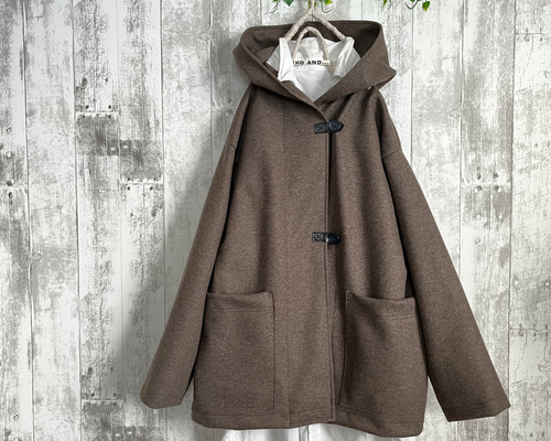 なめらかブラウンニットウール混フード付きハーフコート コート Kym