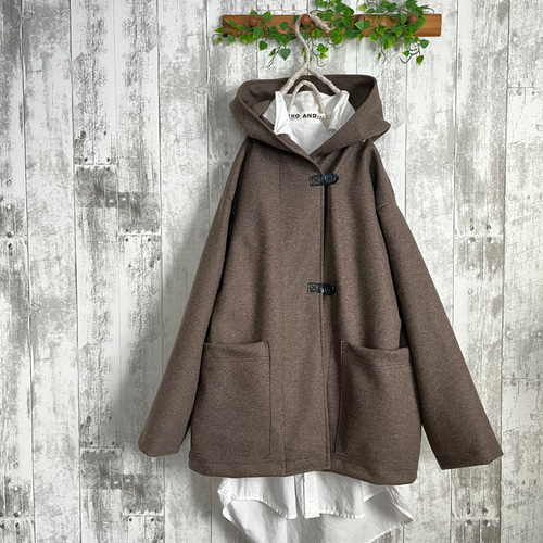 なめらかブラウンニットウール混フード付きハーフコート コート Kym