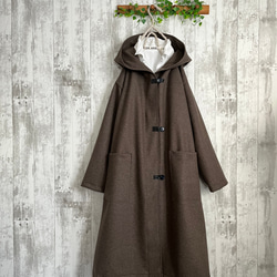 上質なめらかブラウンニットウール混フード付きロングコート コート