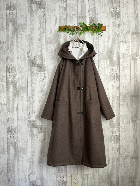 上質なめらかブラウンニットウール混フード付きロングコート コート
