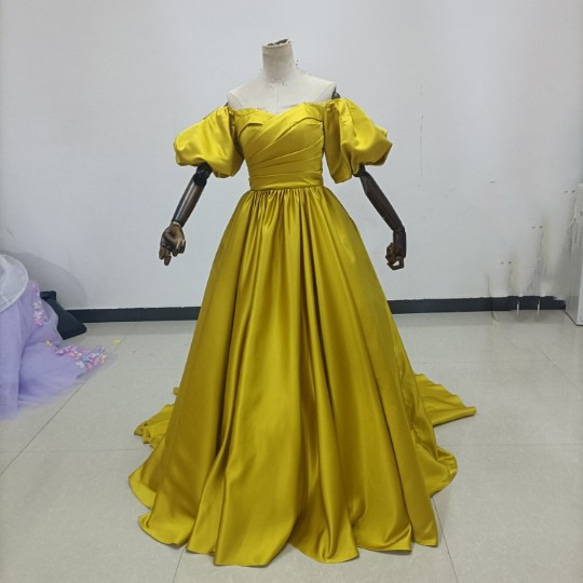 3waysマスタードイエローカラードレス ロング丈 ベアトップ 取り外し  