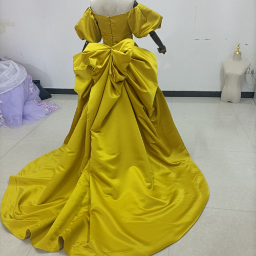 3waysマスタードイエローカラードレス ロング丈 ベアトップ 取り外し  