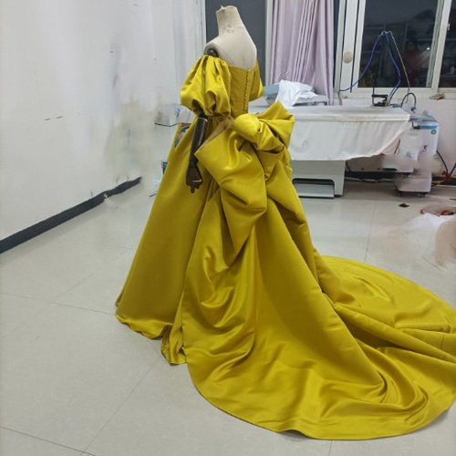 3waysマスタードイエローカラードレス ロング丈 ベアトップ 取り外し  