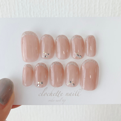 ヌーディピンクグリッターフレンチ＆ストーンネイルチップ/付け爪