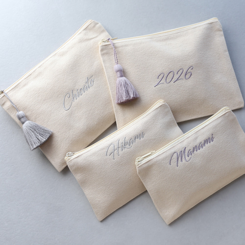 名入れ 刺繍フラットポーチ｜通帳 母子手帳｜サイズ2種 選べるタッセル