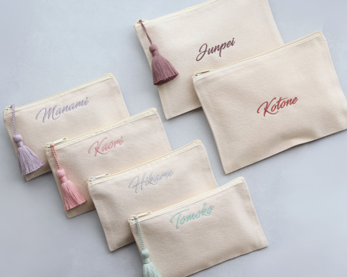 名入れ 刺繍フラットポーチ｜通帳 母子手帳｜サイズ2種 選べるタッセル