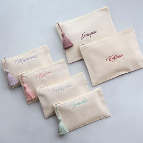 名入れ 刺繍フラットポーチ｜通帳 母子手帳｜サイズ2種 選べるタッセル