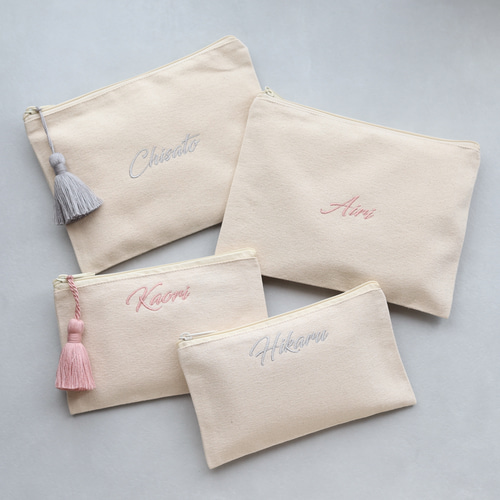 名入れ 刺繍フラットポーチ｜通帳 母子手帳｜サイズ2種 選べるタッセル