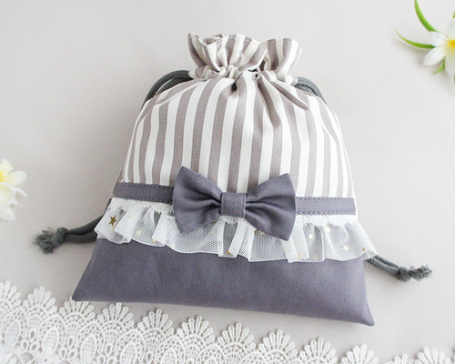 ブラブラしない ストライプ柄 給食袋*チュール*リボン*巾着*Dカン