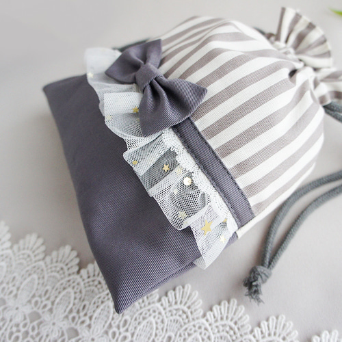 ブラブラしない ストライプ柄 給食袋*チュール*リボン*巾着*Dカン