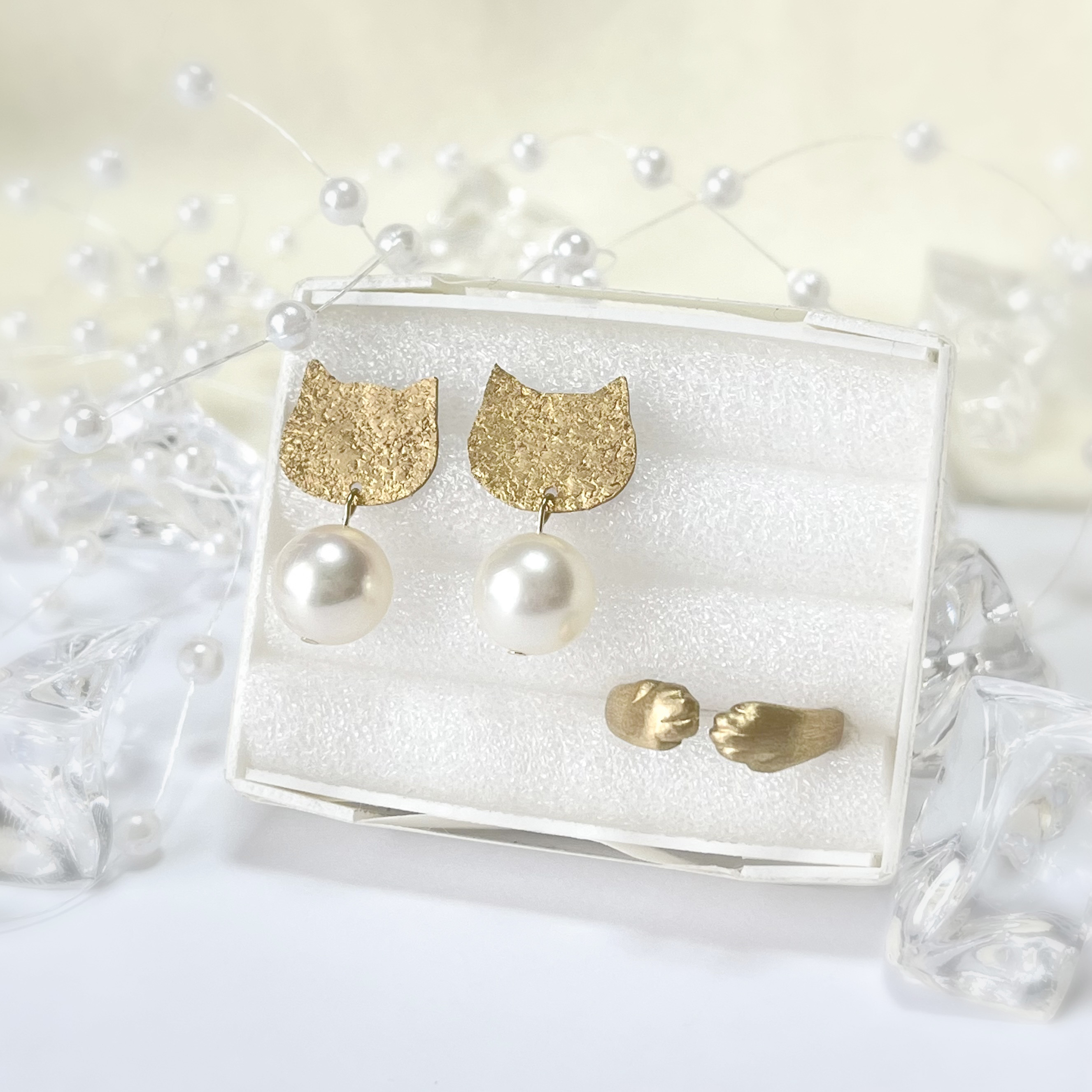 猫ちゃんと真珠のアクセサリーセット 【新春福袋2023】 限定2セット 猫 真珠 パール ピアス イヤリング